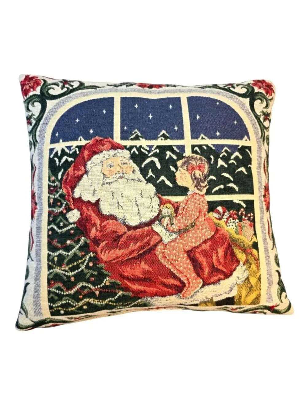 Vintage 90s Needlepoint Santa Pillow 16 in Sq Christmas Tapestry Cushion Holiday